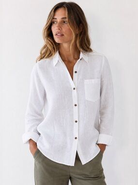 Pure linen White Linen Button Down Shirt Lightweight Breathable Classic 10 = M
